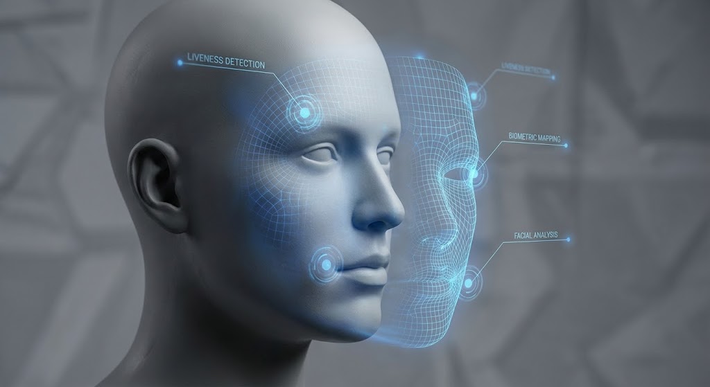 (Holographic Overlay): Biometric Map + Liveness Accuracy