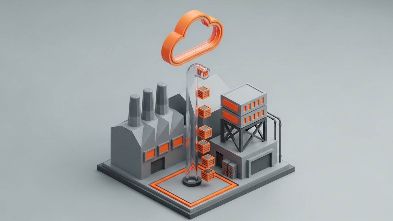 (Isometric 3D): Factory-to-Cloud Pipe + Frictionless Integration