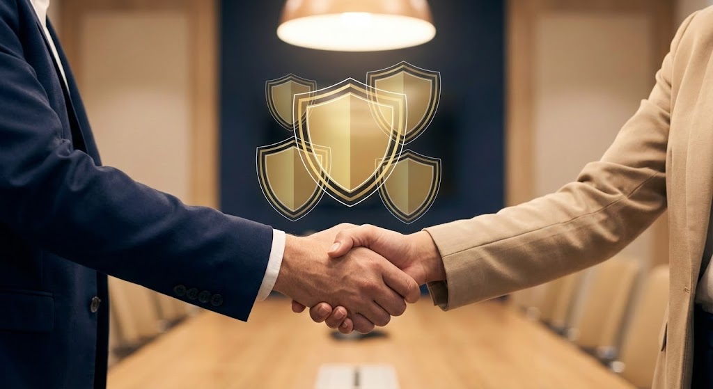 (Live Action Overlay): Professional Handshake + Secured Partnership