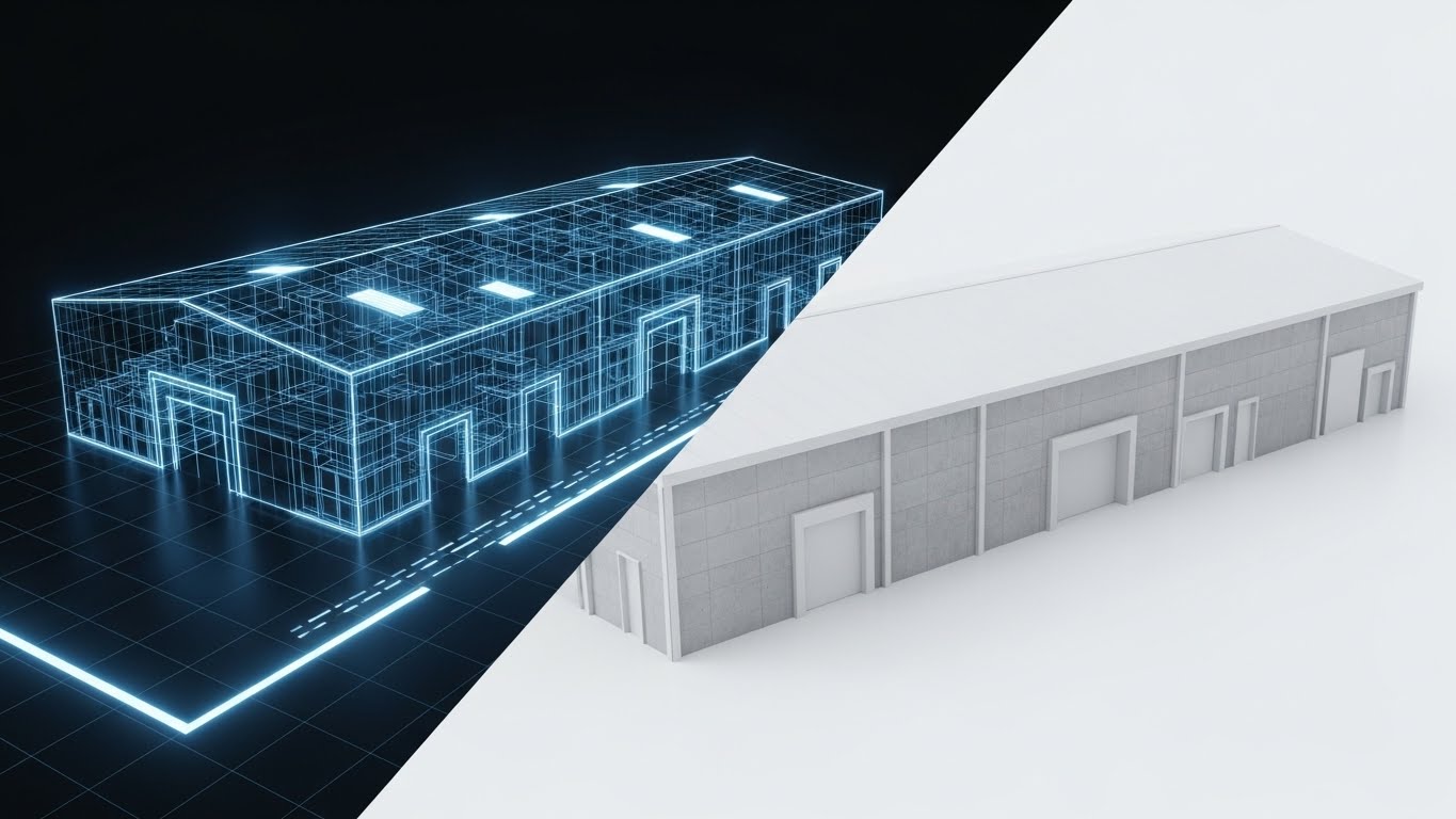 (Wireframe Transition): Blueprint Schematic + Solid Infrastructure