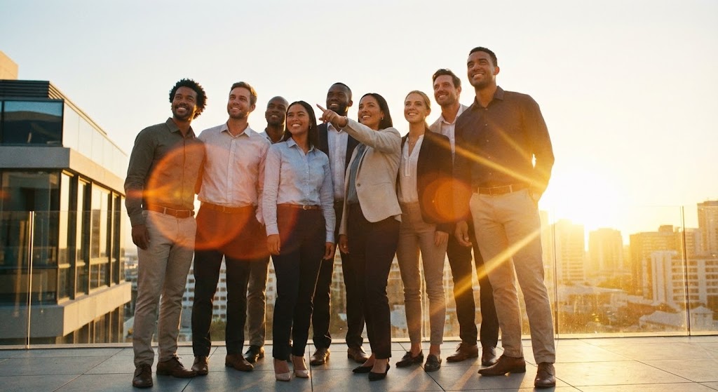 (Aspirational Stock Montage): Collective Vision + Operational Victory