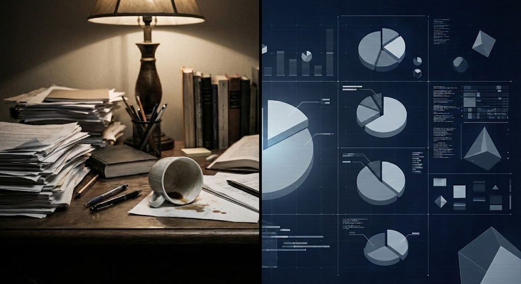 (Split Screen: Optimized Reality and UI): Analog Chaos + Digital Clarity