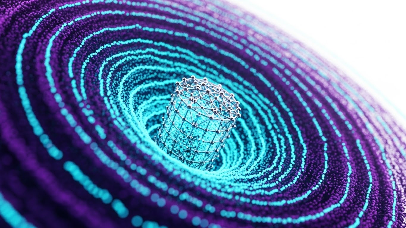 (Abstract 3D AI Visualization): Particle Vortex + AI-Driven Data Organization