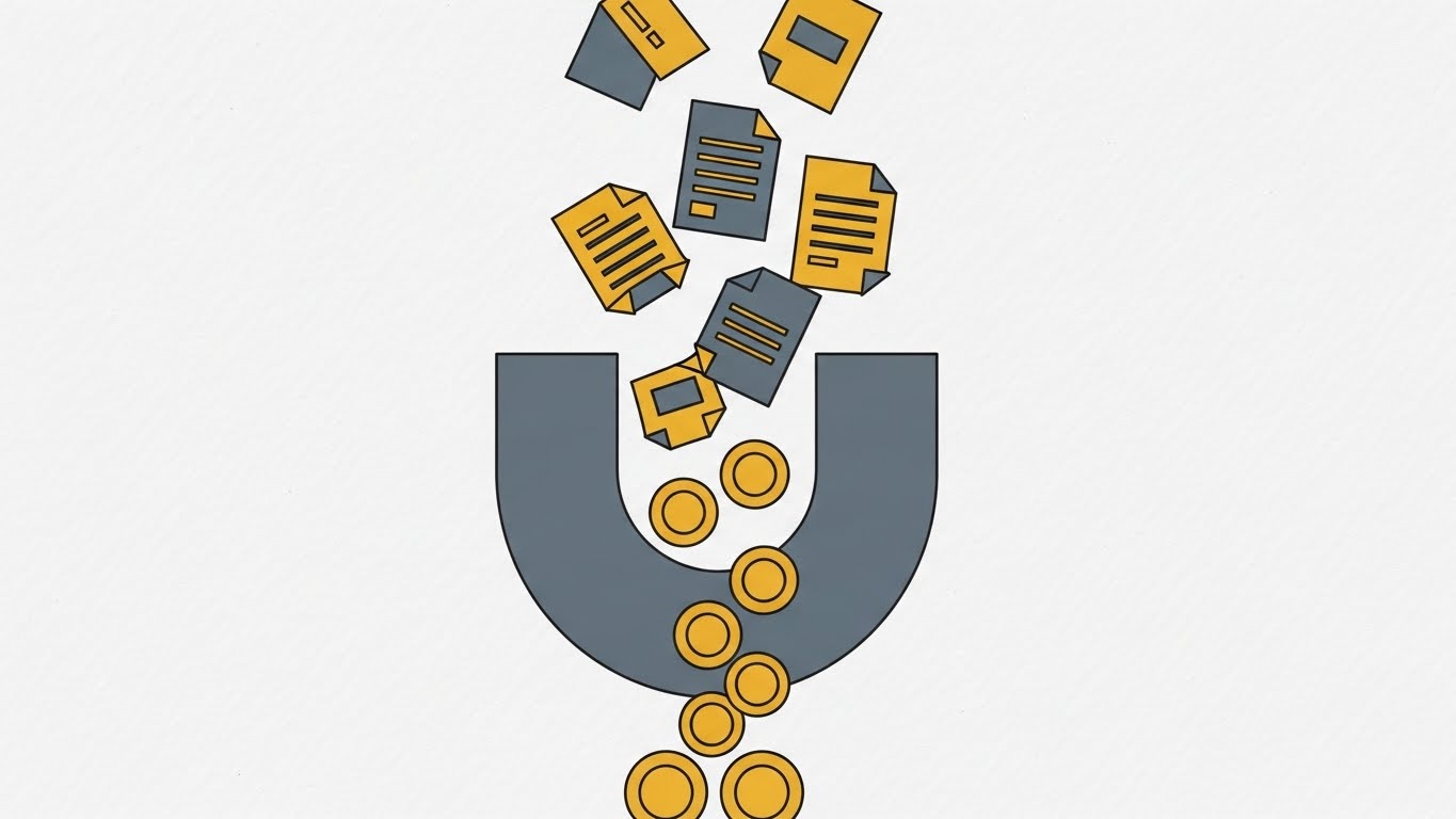 (Minimalist Flat 2D Vector): Geometric Funnel + Converting Raw to Value