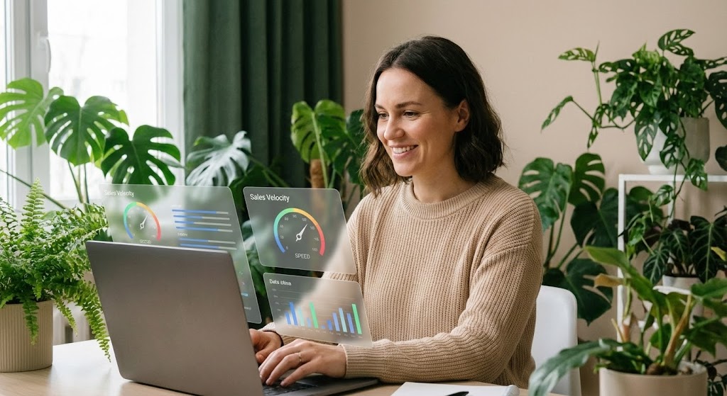 (Lifestyle Stock with UI Overlay): Augmented Harmony + Accelerating Sales Cycles