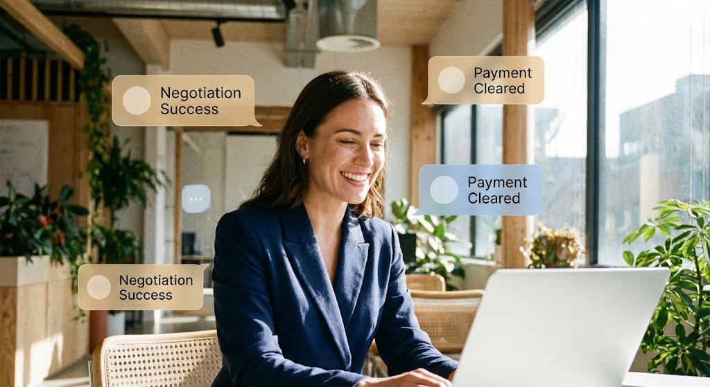 (Lifestyle Stock with UI Overlay): Human Relief + Confirming Transaction Success