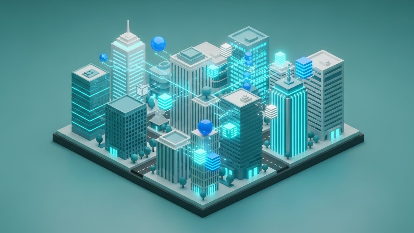 (Isometric 3D Workflow): Connectivity Grid + Secure Data Migration
