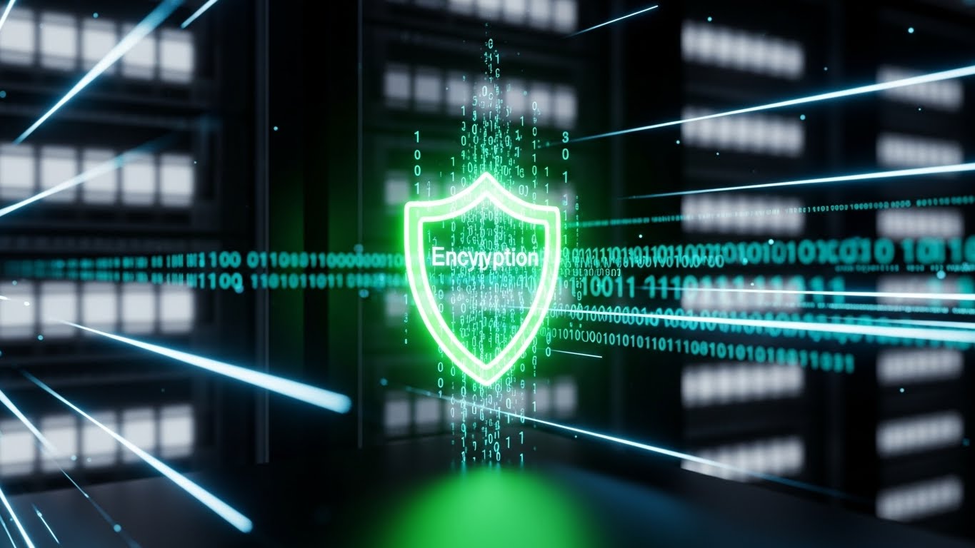 (Futuristic Neon/Dark Mode): Encryption Shield + Data Security Assurance