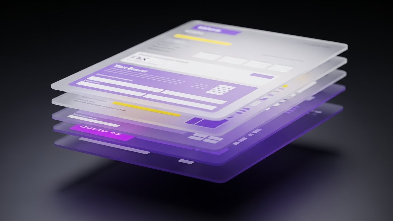 (3D Parallax UI Presentation): Floating Glass Layers + Tax Complexity Simplification