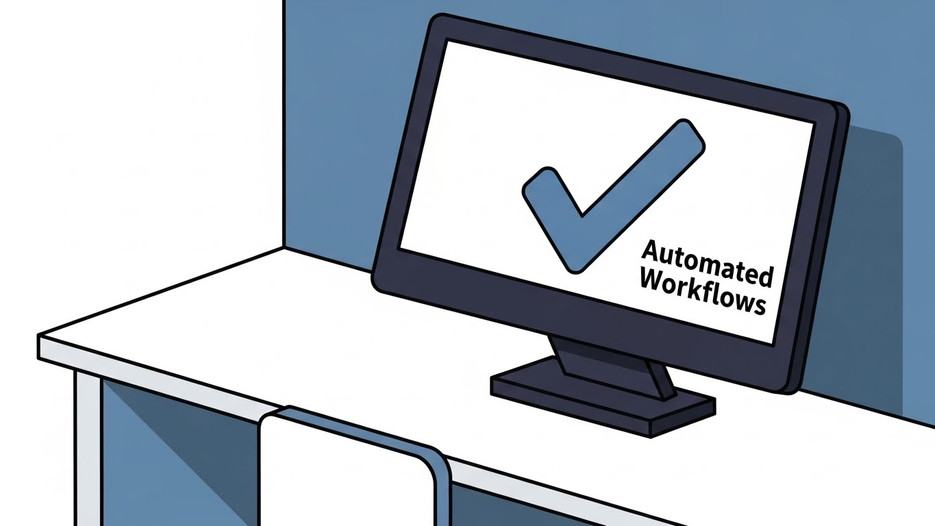 (Minimalist Flat 2D Vector): Isometric Desk + Automated Workflow Accuracy