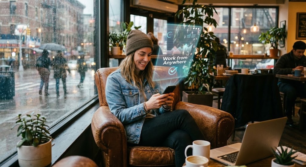 (Lifestyle Stock with UI Overlay): Mobile Freedom + Visualizing the "Work from Anywhere" Reality