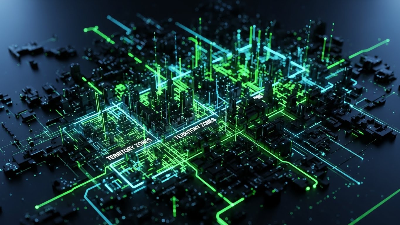 (Neon Dark Mode): Territory mapping + High-tech expansion