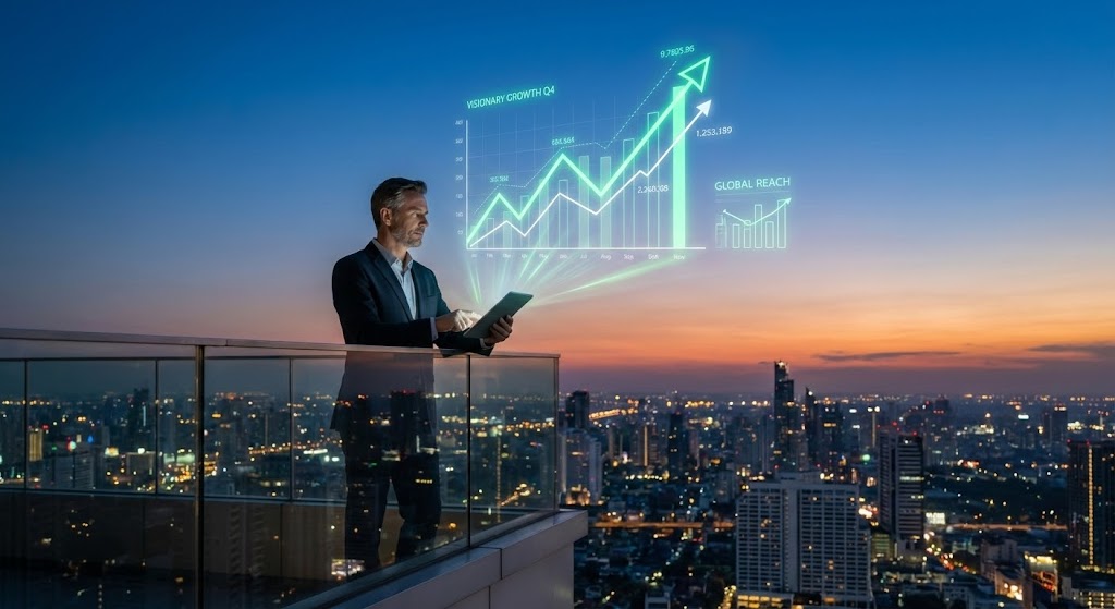 (Lifestyle Stock with UI Overlay): Visionary Leadership + Real-World Market Growth