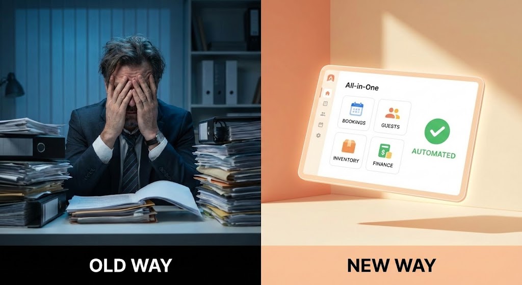 (Split Screen: Optimized Reality and UI): Operational Stress + Automated Digital Relief