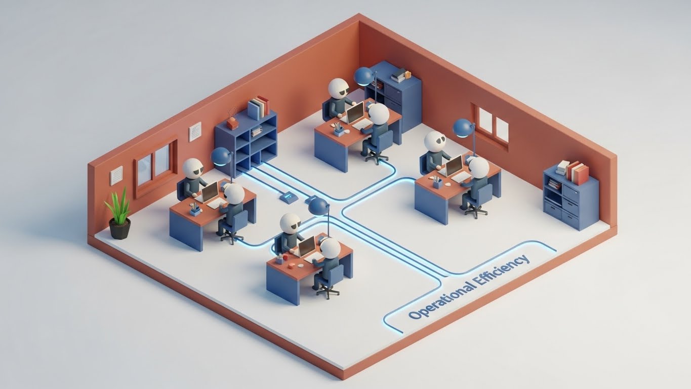 (Isometric Workflow): Miniature Office + Operational Efficiency Overview