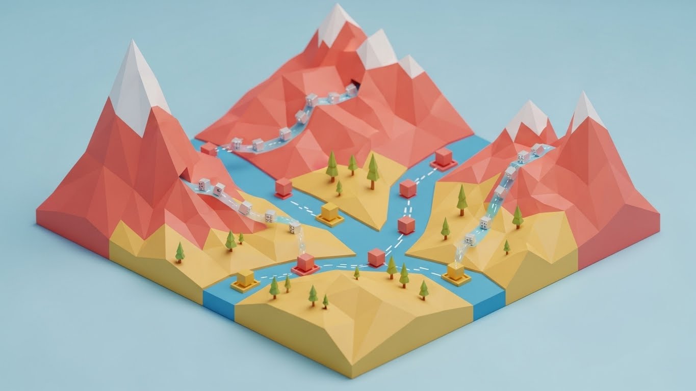 (Low-Poly Landscape): Global Terrain + Regional Visibility
