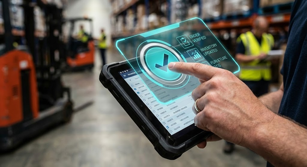 (Lifestyle Stock with UI Overlay): The Augmented Workforce – Empowering the functional buyer on the floor.