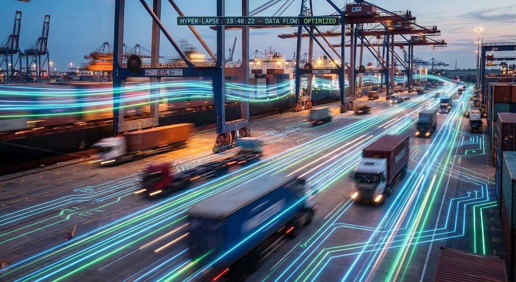 (Hyper-lapse Stock Footage with Data): Operational Flow Control – Visualizing stability amidst physical chaos.