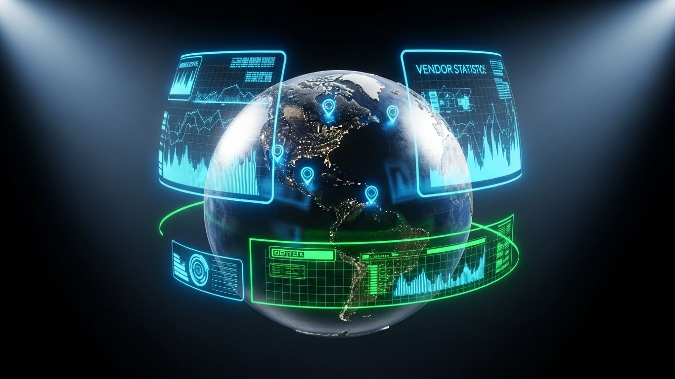 (Holographic UI over 3D Render): Planetary Oversight Interface – Projecting total supply chain sovereignty.