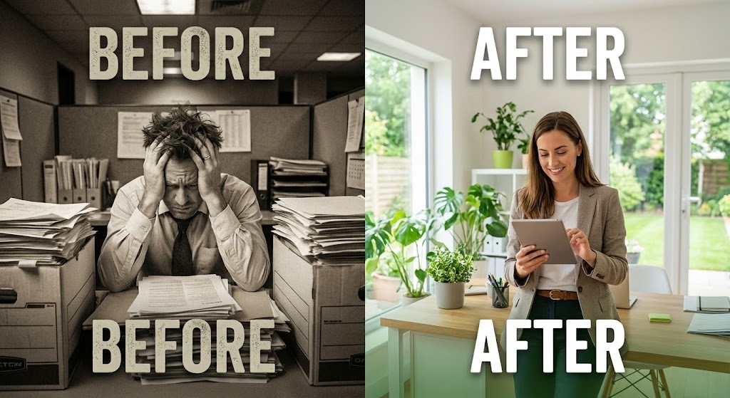 (Split Screen: Optimized Reality and UI): Operational Transformation – Visualizing the shift from chaos to order.