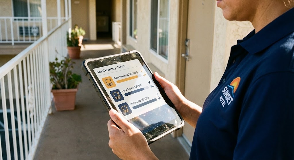 (Lifestyle Stock with UI Overlay): Sunlit Tablet - Mobile Staff Efficiency
