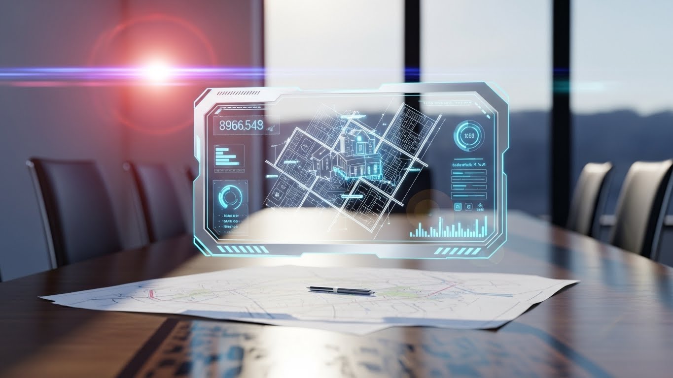 (Holographic UI over 3D Render): Augmented Strategy - Future-Ready Planning