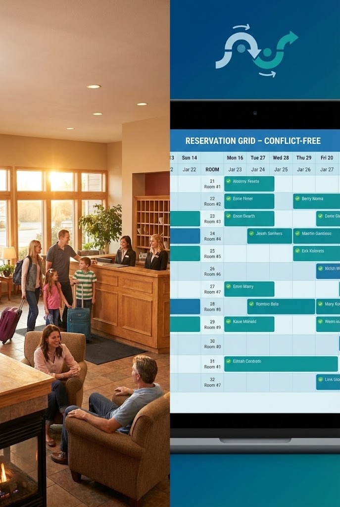 (Split Screen: Optimized Reality): Lobby vs. Grid - Operational Harmony