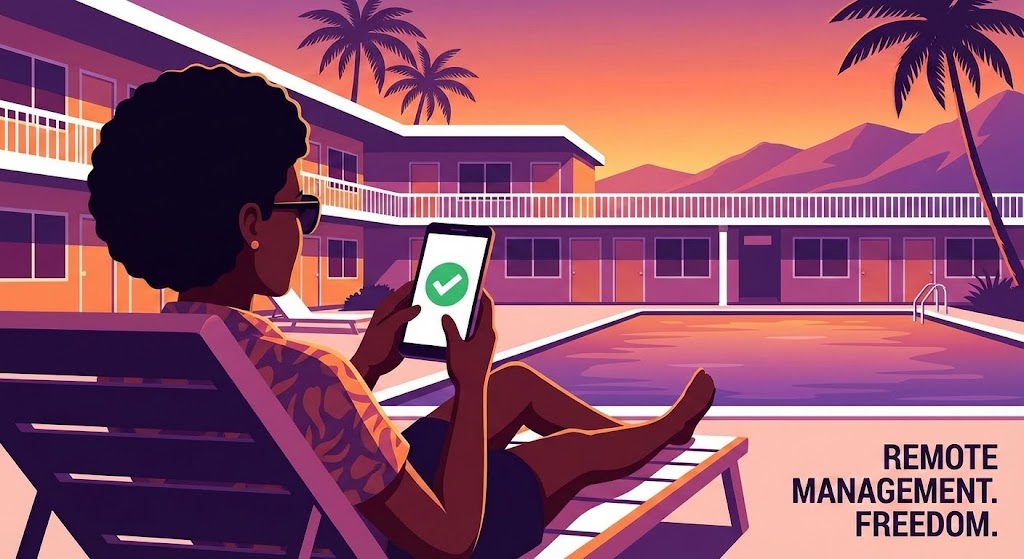 (2D Character-Driven Story): Poolside Dashboard - Remote Management Freedom