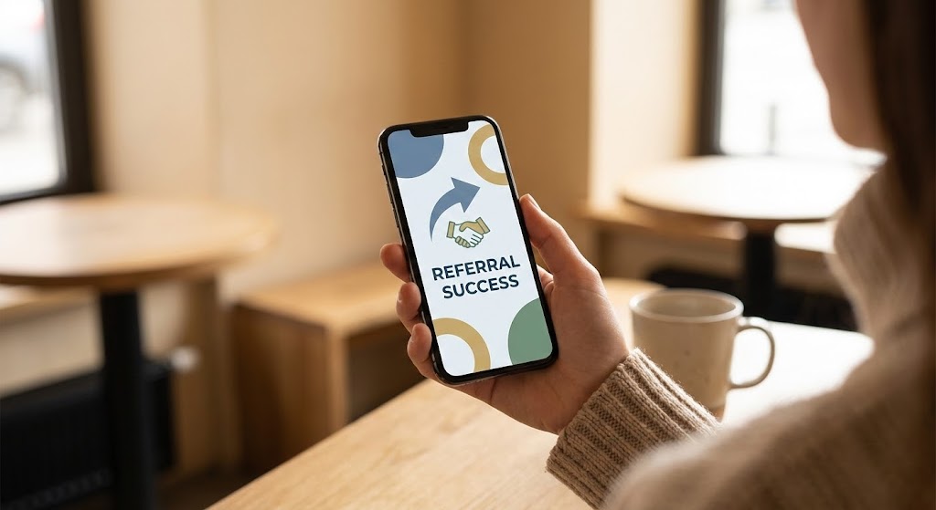 (Lifestyle Stock with UI Overlay): Mobile Referral for Organic Growth