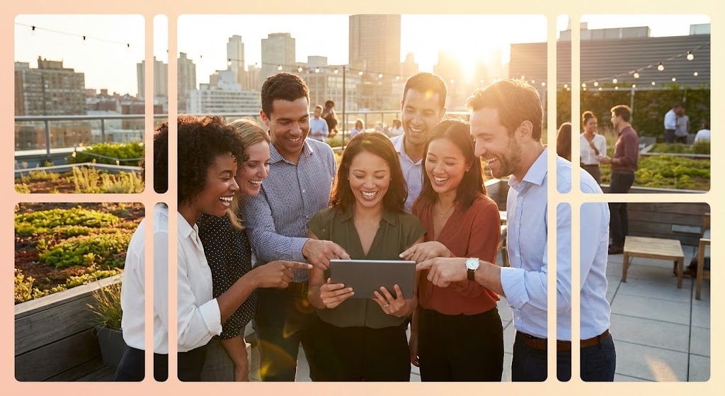 (Aspirational Stock Montage): Rooftop Celebration for Team Success