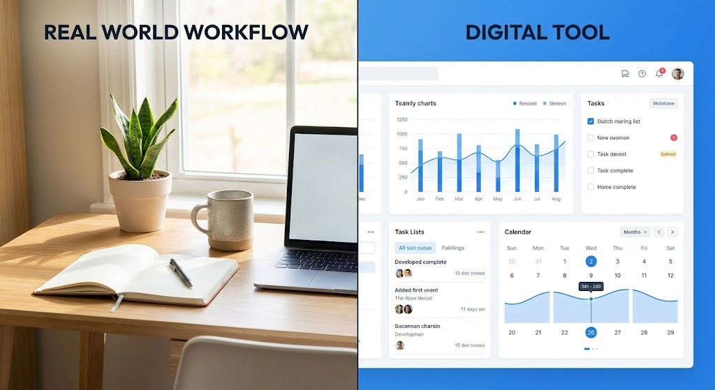 (Split Screen: Reality & UI): Dual Workflow for Digital Harmony