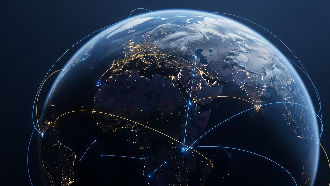 (Photoreal 3D): Orbital View + Tracking Global Trade
