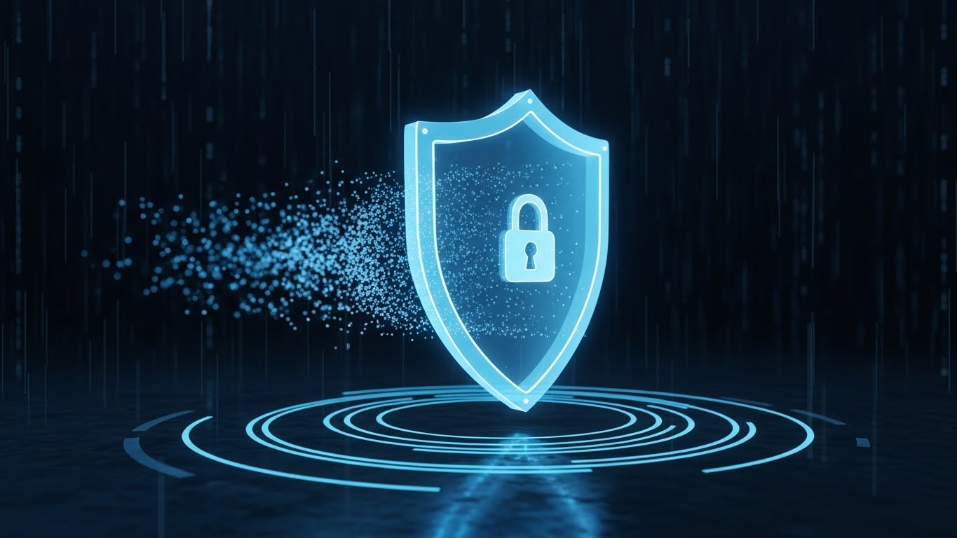 (Futuristic Dark Mode): Glowing Shield + Mitigating Data Risk