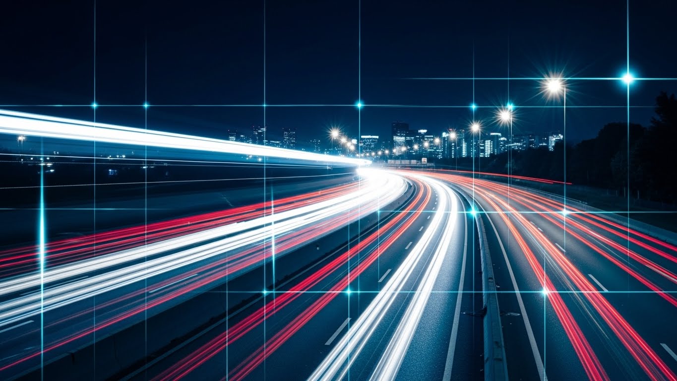 (Hyper-lapse Overlay): Light Trails + Accelerating Time-to-Value