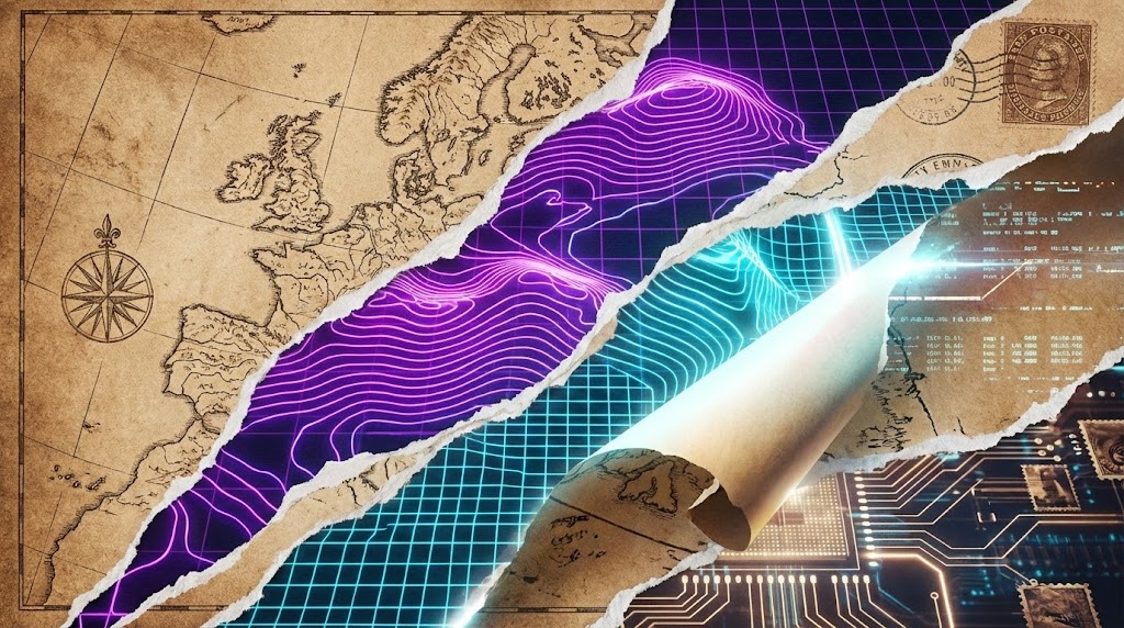 (Mixed Media): Vintage Map to Neon Grid + Respecting Logistics Heritage