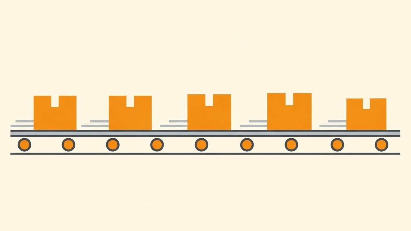 (Minimalist Flat 2D Vector): Streamlined Conveyor Flow + Visualizes Order Accuracy