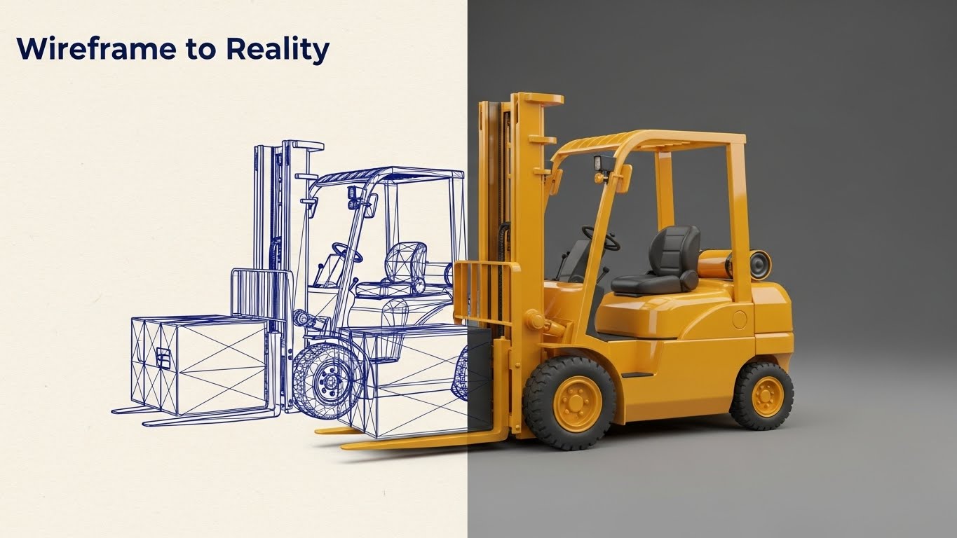 (Wireframe Transition): Blueprint Reveal + Engineering Digital Precision