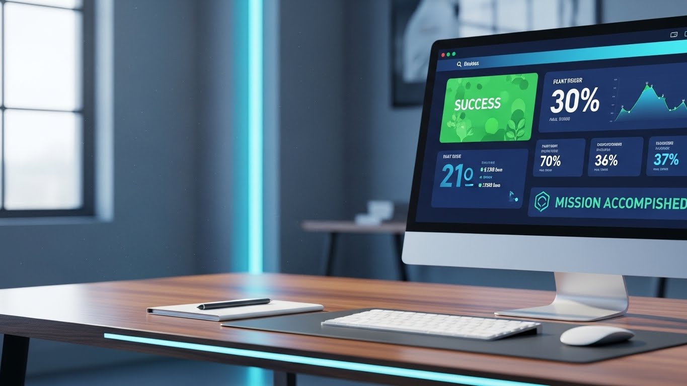 (Photorealistic 3D Renders): Executive Desk showcasing premium mission success