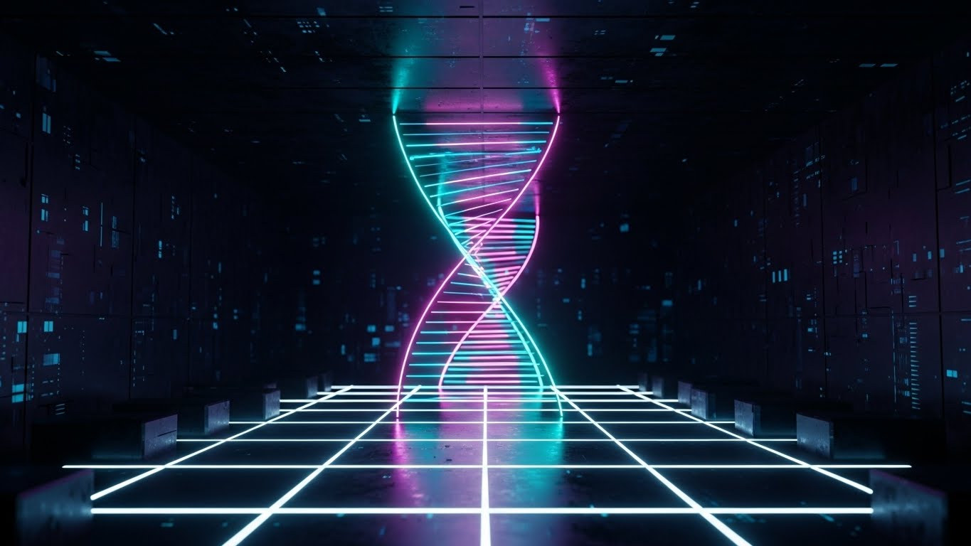 (Futuristic Neon/Dark Mode): Digital DNA visualizing enterprise evolutionary scale
