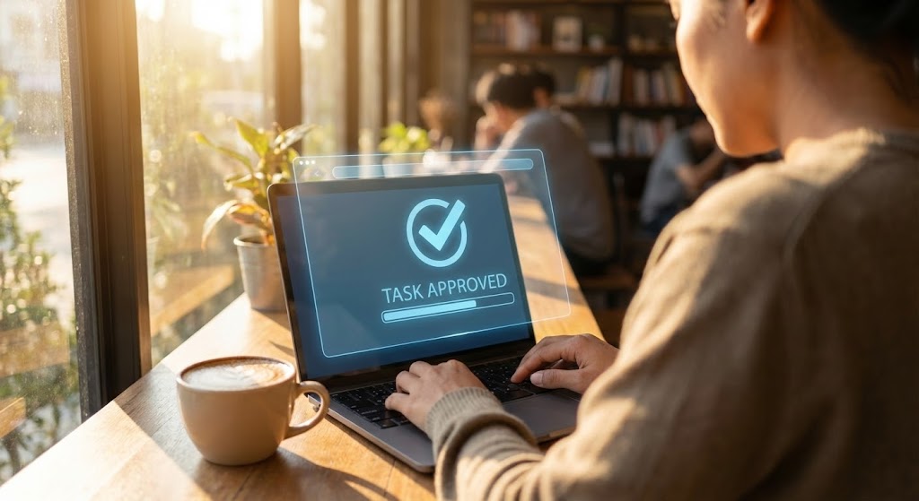 (Lifestyle Stock with UI Overlay): Remote Harmony balancing work-life efficiency