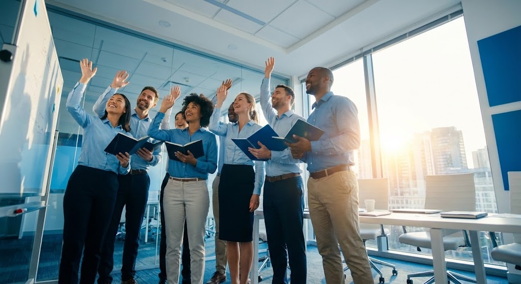 (Aspirational Stock Montage): Aligned Team celebrating organizational harmony