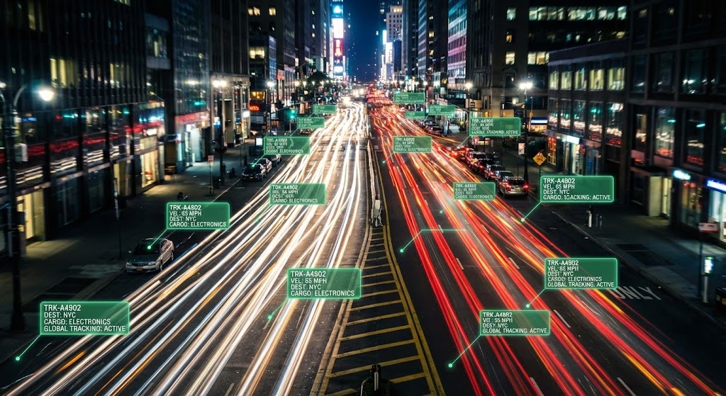 (Hyper-lapse Stock Footage with Data): Global Pulse tracking logistics at scale