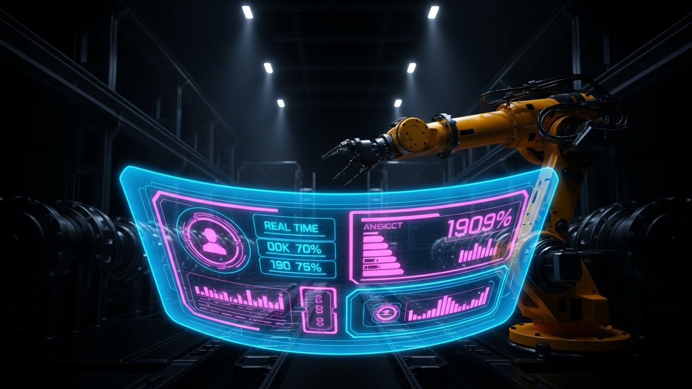 (Holographic UI over 3D Render): Industrial HUD bridging physical hardware intelligence