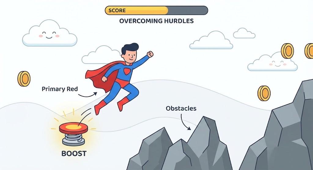 (2D Animation & UI Composition): Gamified Hero encouraging frictionless implementation adoption