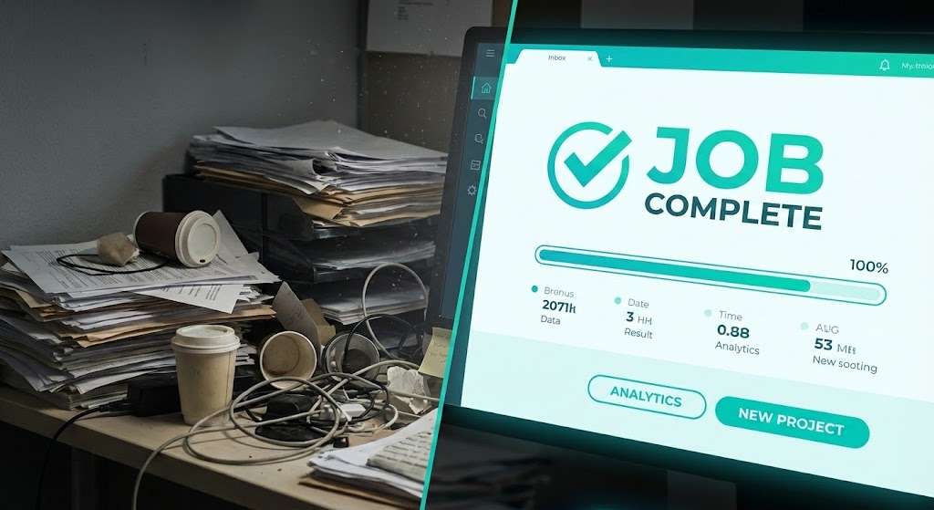 (Split Screen: Optimized Reality and UI): Messy vs Clean proving digital transformation value