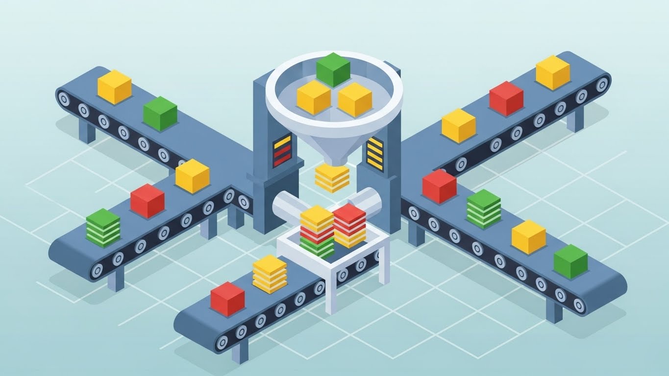(Isometric 2D Motion Design): Digital Factory streamlining automated data processing
