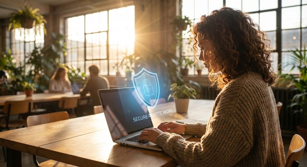 (Lifestyle UI Overlay): Glowing Shield Anchoring Secure Remote Work