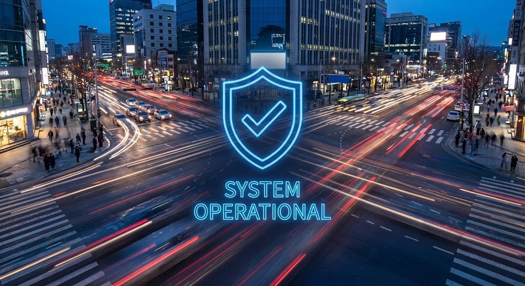 (Hyper-lapse Stock w/ Data): Static Shield Visualizing Unwavering Uptime