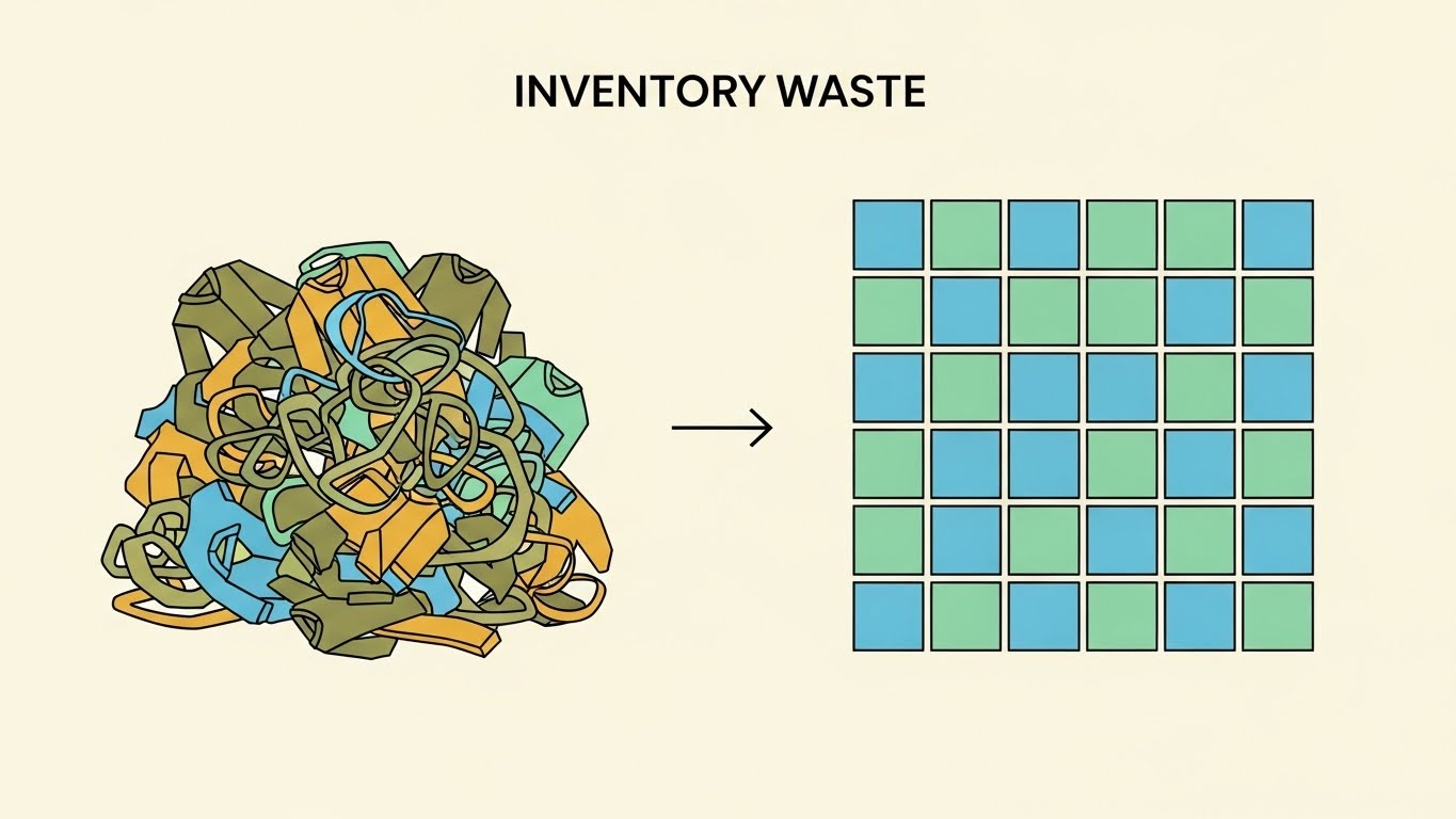 (Minimalist Flat Vector): Chaos vs Order — Optimizing Inventory Waste