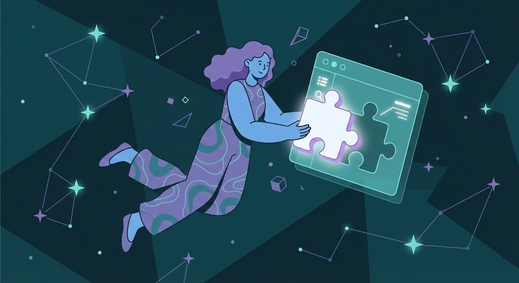 (2D Character Illustration): Floating Puzzle — Simplifying System Integration